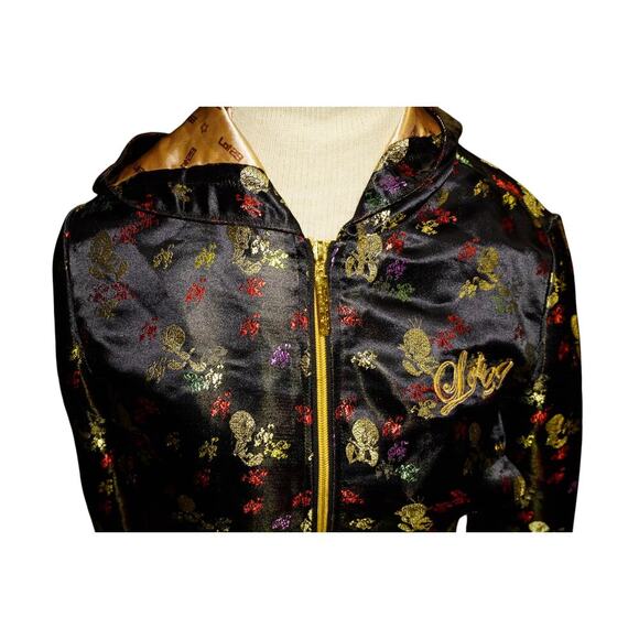 Lot29 Y2K Black Satin Skull Print Cropped Zip Hoodie Jacket Gold Logo Women’s M - Picture 3 of 13